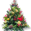 This festive mini tree is adorned with ornaments, bows, pinecones, holly, and