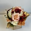 White Hydrangea, Peach Roses, Fall Colored Mums &amp; Filler With Gold Tipped