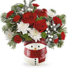 Frosty Wishes Bouquet includes miniature red carnations, green button spray chrysanthemums, and