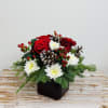 A wonderful natural winter arrangement of red roses and white cushion poms