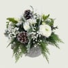 All White Flowers, Mixed Christmas Greens, and Pinecones with accents of silver
