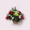 A mixture of Christmas Greens, Red and White Flowers, and Christmas Decorations.