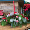 This centerpiece includes carnations, pinecones, and berries. Also includes a bow!