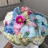 An elegant pastel-tone bouquet featuring hydrangeas, roses, gerberas, and exclusive blue-gradient phalaenopsis