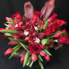 Perfect Anniversary gift. Small bowl full of deep red* roses, Rare Orchids