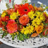 This bountiful arrangement has orange roses, gerberas, carnations, bronze and yellow daisies