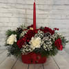 A wonderful Christmas centerpiece.  The red dish is adorned with a