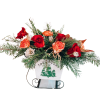 Red Roses, Peppermint Carnations, White daisies with a variety of Christmas Greenery