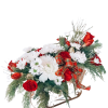 White Football mums, red roses, white and red carnations, white cushion poms