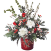 Larkspur, Bells of Ireland, roses, Mums, Pixie Carnations, Hypericum Berries and Waxflower