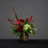 Antique gold vase, with a tone-on-tone grid, filled with red roses, hydrangea