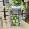 Galvanized memorial lantern with silk ivy and green battery-operated flickering candle.