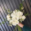 A bouquet of 12 long stemmed roses, in classic white, with sprigs