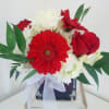 Red and white flowers in a glass cube