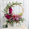 Vivid and cheerful, this pink and white bouquet of lilies, stock and