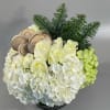 An elegant collection of white blooms, wintery birch wood slices, evergreen sprigs
