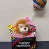 Stuffed animal, birthday balloon and a variety of candy 