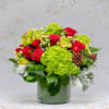 This charming holiday arrangement blends vibrant red roses together with a lush
