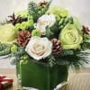 Glass vase with a green and white roses , green hypericum, cons