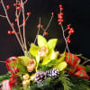 Our Tropical inspired winter design, has red berries, cymbidium orchids , pine