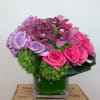 Mixed color Roses, Orchid blooms , Hydrangeas in 6x6 glass vase 