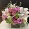 Roses, Hydrangeas, Orchid blooms in 6x6 square glass vase 
