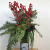 Red Berries, green , Pine Cone in glass vase 