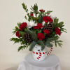 Red and white carnations, cushion spray chrysanthemums, and pine cones