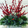Fresh holiday greens and red berry branches gathered in a whitewashed box.