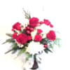 Make a classic statement with 6 roses, white mums ,red mini carnations