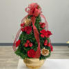 A festive and fun Boxwood Tree with Red Carnations, Red Roses, Red