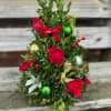 14&quot; boxwood Christmas Tree with red roses, berries and holiday decor. 