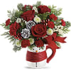 This sweet snowman bouquet features red roses, red carnations, red miniature carnations