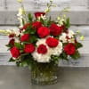 24 Red Roses, White Dendrobium Orchids, and White Hydrangea in a cylinder






