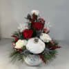 An adorable holiday arrangement with beautiful carnations, pompons and Christmas greens! 