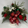 White &amp; Red keepsake container filled with fragrant pines, pinecones, red and