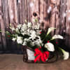 WHITE BIRCH SLEIGHT CENTERPIECE WITH WHITE DENDROBIUM, WHITE CALLA LILIES, RED BERRIES