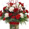 Festive candy canes, red and white carnations and pines make up this