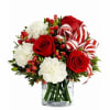 Tis the season for this delightful arrangement filled with white carnations, red