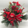 A Fresh Basket of Christmas greens, red flowers, bow and Cardinals.
Cardinals are