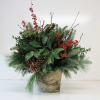 Mixed Christmas Greens, Pine Cones, and Berries Arranged in Birch Container. 