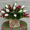Enjoy These Bright White Tulips Mixed With Red Berries 
and Winter Greens