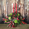 FRESH CHRISTMAS GREENS, PINE CONES, GREEN MINI HYDRANGEA, RED ILLIX BERRIES, WITH