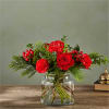 Seductive and serious, this deep crimson bouquet of roses, carnations, boxwood and