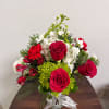 Red roses, white stock, red alstroemeria, white mini carnations and mini green