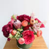 Beautiful mixed of deep burgundy peonies, garden roses, peach ranunculus, beautiful pink