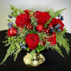 Red roses expressly designed for Holiday dining with minimal height yet maximum