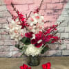 WHITE CYMBIDIUM, JAMES STORY ORCHIDS, WHITE HYDRANGEAS AND RED CALLA LILY.