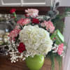 Mixed bouquet white Hydrangea , peppermint carnations, mini carnations, baby&rsquo;s breath, garnish