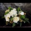 Compact style Christmas elegance in Gold and White. Hydrangea, Roses, Orchids, Green